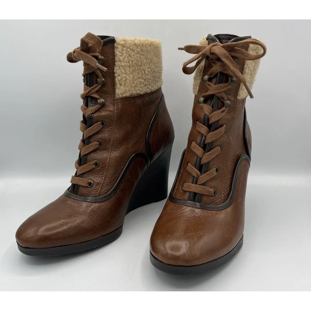 Franco Sarto Ankle Boot‎ Wedge Leather Sherpa Womens 7.5 Brown Lace Up Waverly